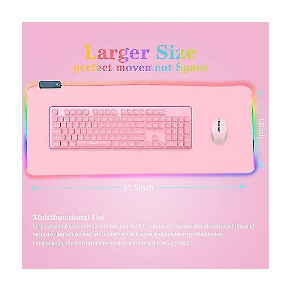 Wabjtam Pink RGB Gaming Musemåtte 31,5 x 12 Tommer Pc XL Stor Udvidet Lysende Skrivebordsunderlag med Skridsikker Gummibase til Computertastatur og Mus