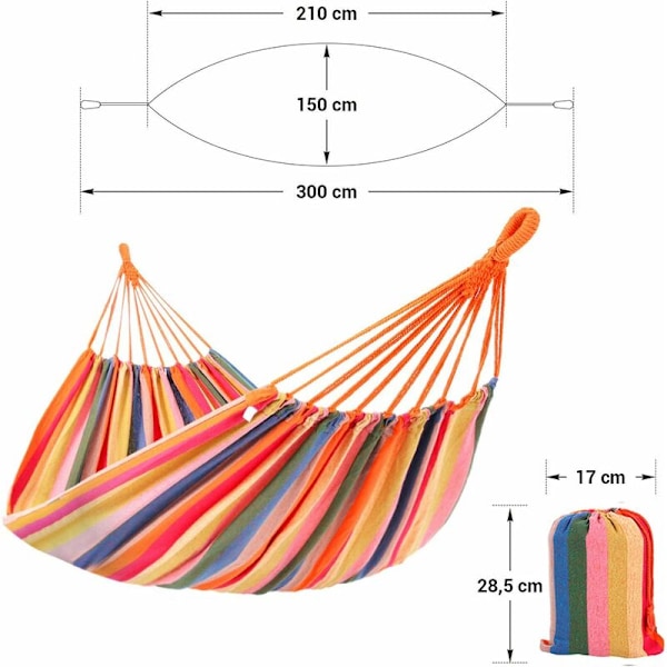 Hengekøye, 210 x 150 cm, dobbel, belastning 300 kg, for terrasse, balkong, hage, utendørs, camping, med bæresekk, stropper og karabinkroker