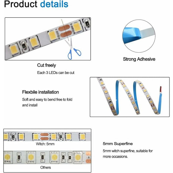 12V LED-strimmel, 1 cm bred, 3000K LED-strimmel 5M varm hvid 2835 IP65 120 LED/M, i alt 600 LED'er LED-lysbånd til soveværelse, køkkendekoration