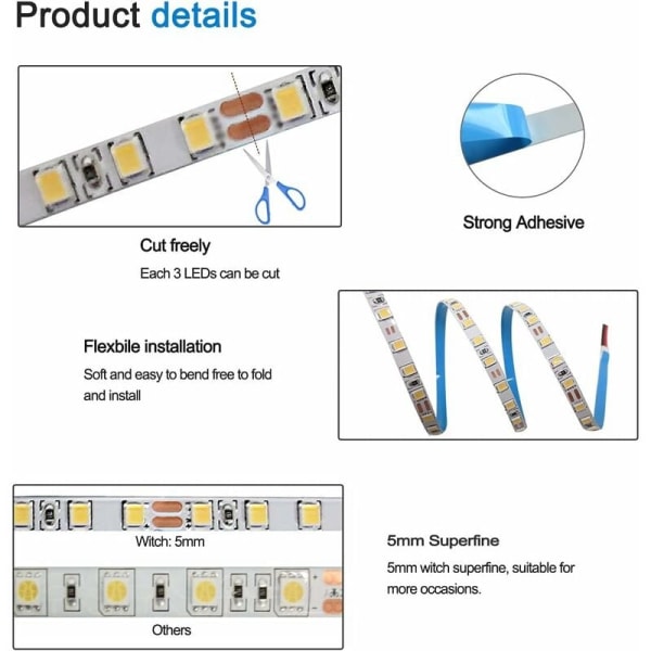 12V LED-stripe, 1 cm bred, 3000K LED-stripe 5M varm hvit 2835 IP65 120 LEDer/M, totalt 600 LEDer LED-lysstripe for soverom, kjøkkendekorasjon