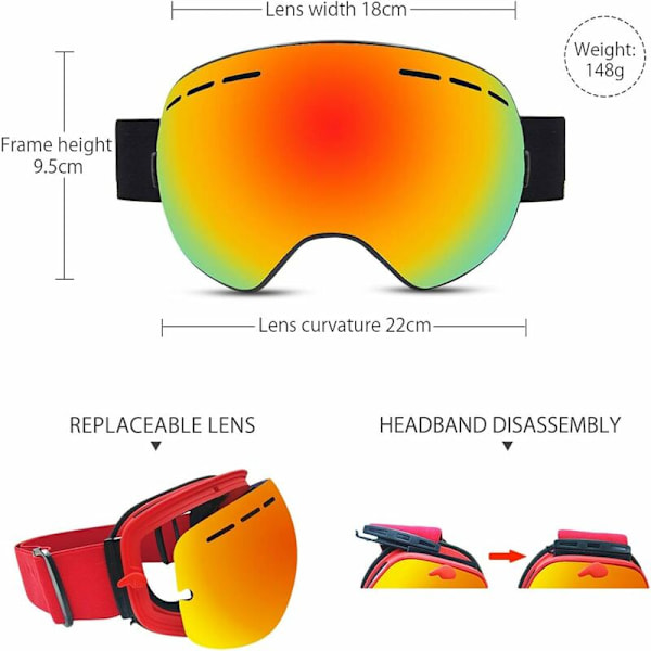 Ski- og snowboardbriller for menn og kvinner, sfærisk linse, dobbelt lag, OTG, anti-dugg, vindtett, UV400-beskyttelse, skibriller, EVA-brilleetui (blå)