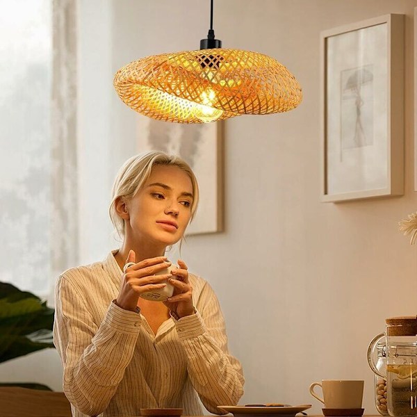 Retro taklampe, bambushatt rotting pendellampe 40 cm veving baderom taklampe E27 kreativ takbelysning for spisestue stue