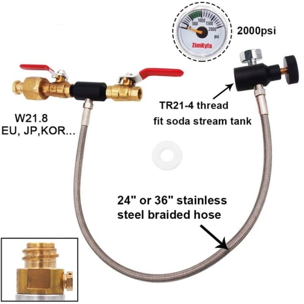 W21.8 CO2 Genopfyldningsadapter Genopfyldningsadapter til Sodavandsmaskine Tank Beholder Påfyldning (24 Tommer med Måler)