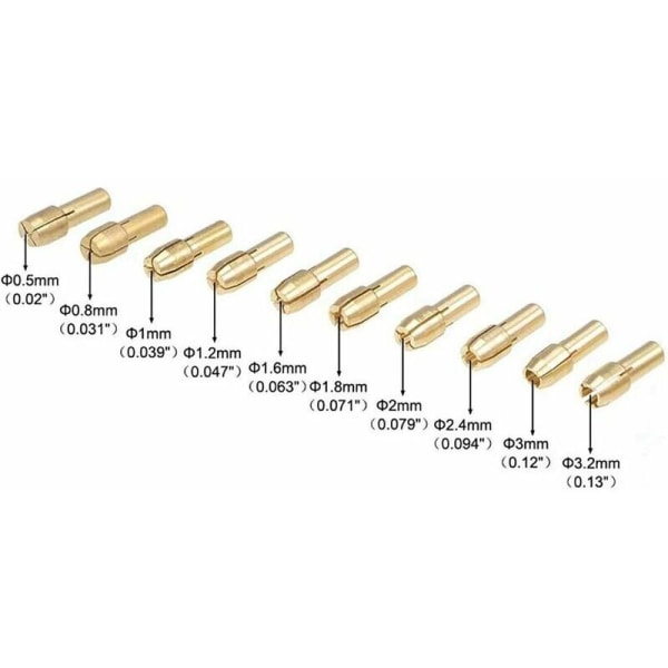 10 stk messingborchuck presisjon 0,5-3,2 mm messinghylsechuck passer til Dremel roterende verktøy samle chuckholder elektrisk slipebor