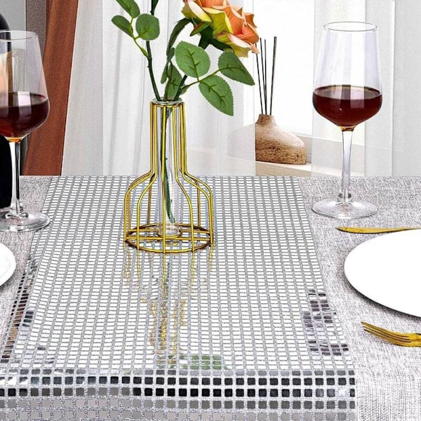 Discofestbord med silverfolie spegel, metallisk glitter bordsduk för disco dansfest, bröllop