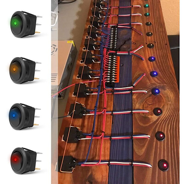 12 stk. serie runde punkt belyste vippekontakt 20A 12V DC SPST kontaktstyring til/fra, 3 blå + 3 grønne + 3 gule + 3 røde