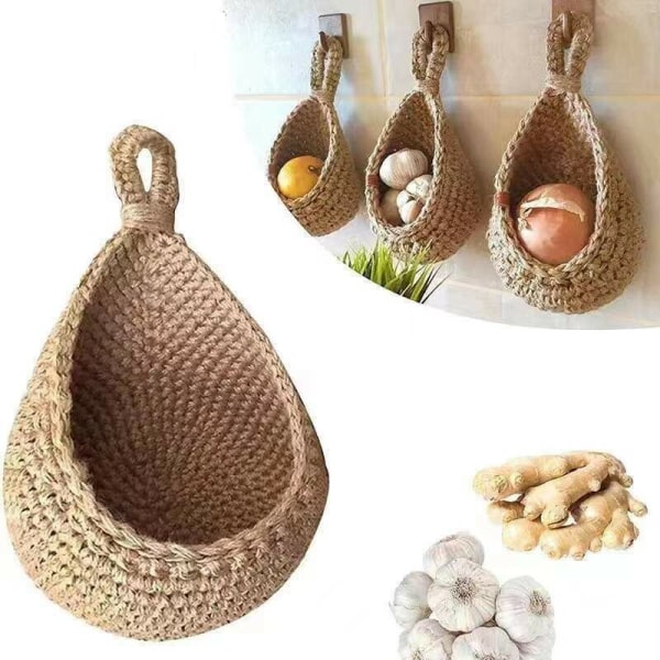 Höjd 23 cm, bredd 22 cm Väggmonterade frukt- och grönsakskorgar, Jute Teardrop Shape Hand-Woven Frukt- eller Grönsakskorg