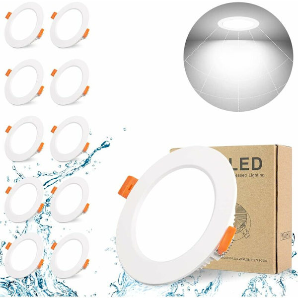 10-pak ekstra flate innfelte LED-spotlights for baderom, hvite IP44 LED, 5W 500LM tilsvarende 50W glødelampe, kald hvit 6000K, AC220-240V, runde innfelte