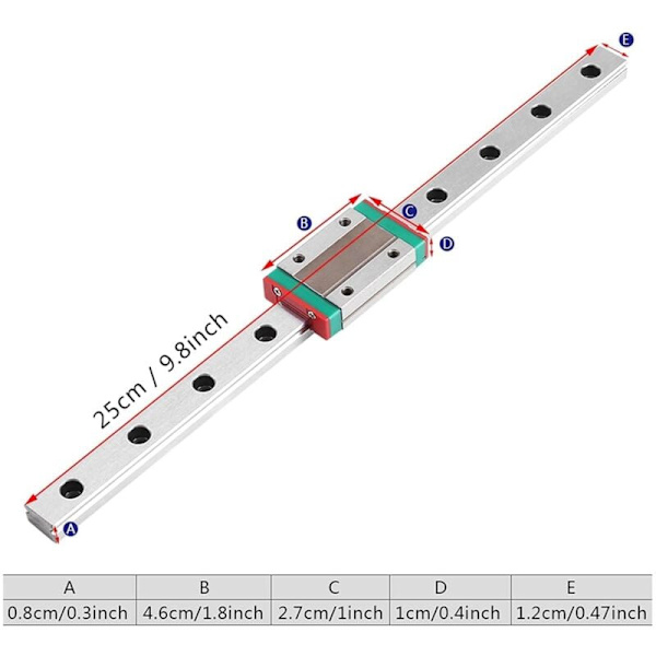 250mm Lineær skinne, Walfront lineær skinner med vognblok til DIY 3D-printer og CNC-maskine (250mm)