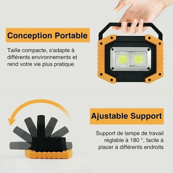 Laddningsbar LED-arbetsplatsbelysning 30W 2000LM Byggarbetsplatsbelysning Arbetslampa med 2X COB Bärbar USB LED-arbetsplatsbelysning för Camping, 3 lägen, Batteri