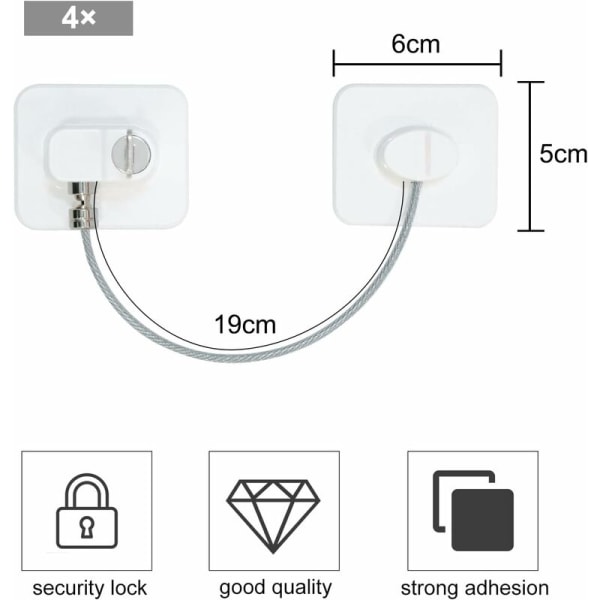 Sett med 4 barnesikringsvindu, hvit barnesikringsdør med 4 nøkler, barnesikringsvindu med kraftig lim for vinduer blokkerer dører Skuffer