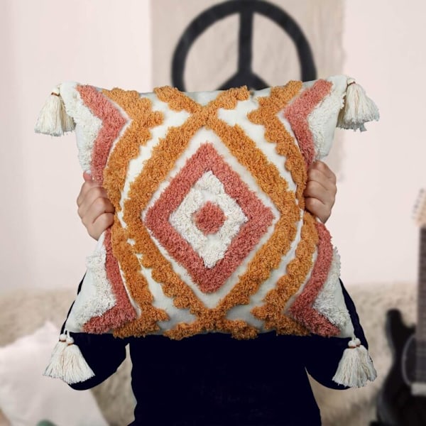 Orange Kuddfodral 18x18, Vävd Tuftad Bohemisk Kuddfodral med Fransar, Bränd Orange Kuddfodral för Soffa Säng Vardagsrum (Ingen Kudde