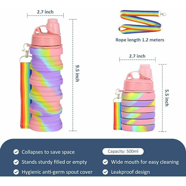 Bærbare sammenleggbare lekkasjesikre silikon vannflasker for barn med skulderstropp for jenter (Iridescent)