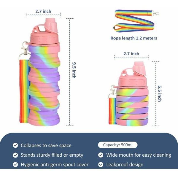 Børns bærbare sammenklappelige lækagesikre silikonevandflaske med skulderrem til piger (Iridescent)