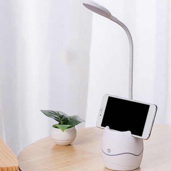 Skrivebordslampe med holder USB-lading Student Lesing Øyebeskyttelse Lampe LED Justerbar Trykk Kontroll Lampe, Hvit