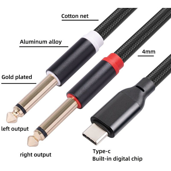 USB-C - 6,35 mm stereojakkihaarautinkaapeli, äänikaapeli älypuhelimelle, tabletille, kannettavalle tietokoneelle, vahvistimelle, miksauspöydälle