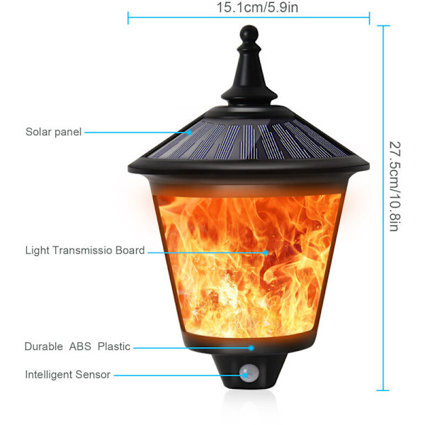 1 Utendørs Solcelle Flamme eller Daglys Solcelle Vegglampe Utendørs, Solcelle Flamme for Gang, Vegg, Hage, Fest, Julefest HIASDFLS