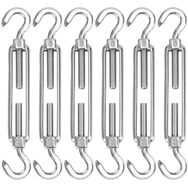 M5 Rustfrit Stålwire Spænder, Sæt med 6 Wire Spænder Krog og Krog Justerbar Heavy Duty Spændekrog & Krog til Reb Wire Tørresnor, Wire