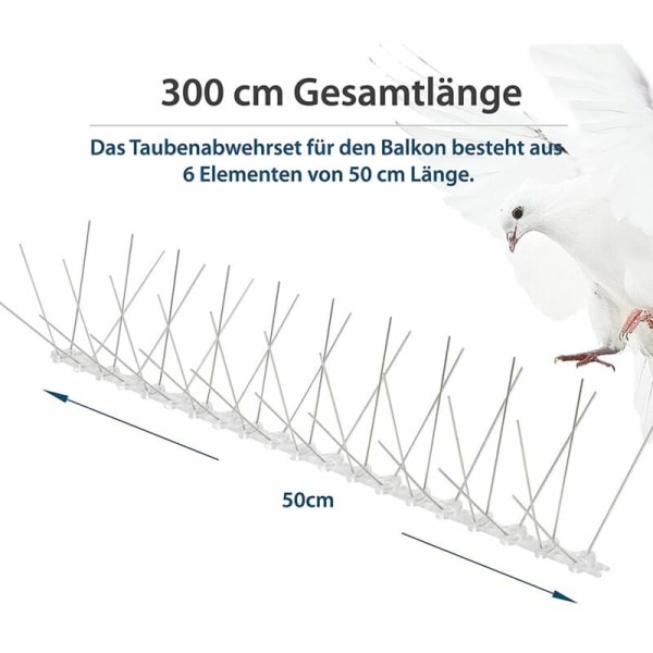Anti-due 3 meter anti-due pigger i rustfritt stål 4 rader Total lengde 300 cm 6 elementer på 50 cm Fuglerepellent med klikklås og P