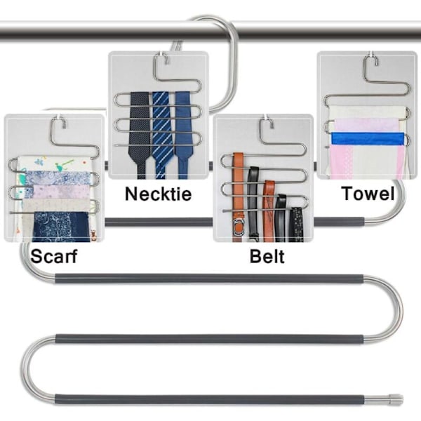 Plassbesparende Henger i Rustfritt Stål, 5 Bukser, Flere Plassbesparende Bukseskjermer, Sklisikker Metallbukserack, Klesorganisator, Skjerf