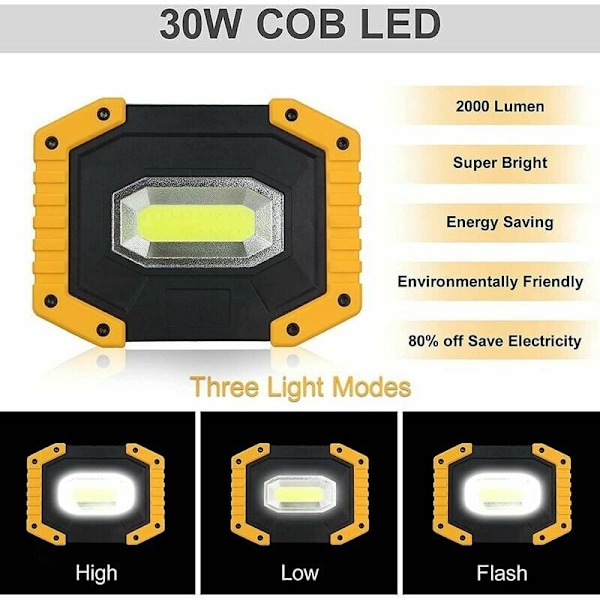 Genopladelig LED-projektør 30W 2000LM T-SUN Byggeplads Projektør Arbejdslys med 4X 18650 Batteri 3 Tilstande Bærbar Lanterne USB LED Projektør