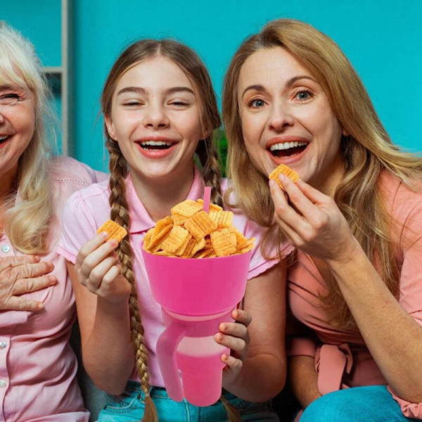 Stadionkop med snackskål, snackkop, lækagesikker snackkop, genanvendelig snackkop og drikkekop til voksne og børn - gul