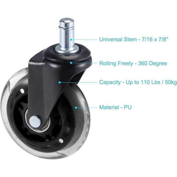 3\" PU Svingbare Kontorstolhjul 5 Hjul med 7/16\" x 7/8\" Stang 110 kg Belastningskapasitet for Hardtre Gulv og Svart Teppe