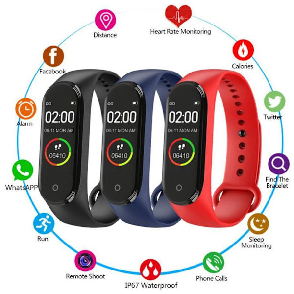 M4 Smart Armbånd - Træningstælling - Smart Skridttælling - Armbånd - Kan Måle Blodtryk og Puls, Model med Kabelopladning - Blå