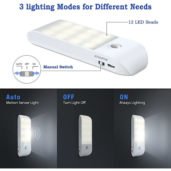 Automatisk LED-nattlys, USB-oppladbar bevegelsessensor nattlys, PÅ/AUTO/AV, naturlig hvitt skaplampe, magnetisert, for stue, soverom