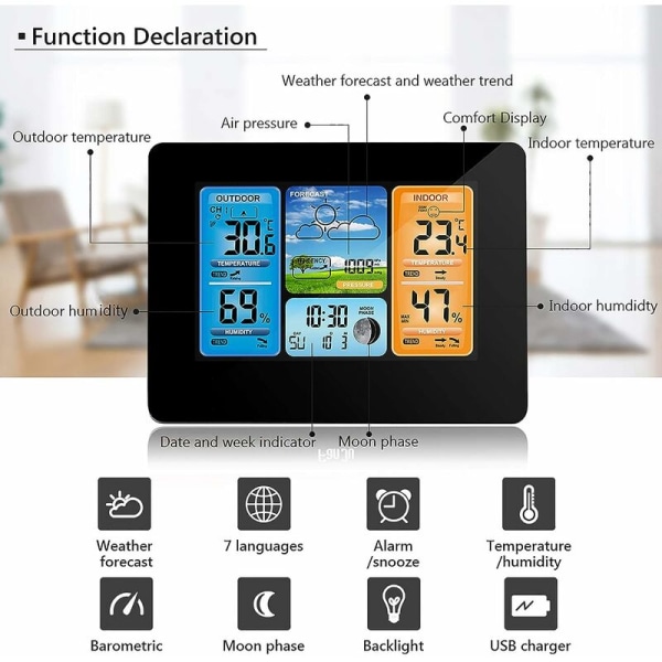 Farveprognose Digital Vejrstation, Udendørs Sensor Vejrur med Udendørs Sensor med Alarm, Temperatur, Fugtighed (gul)