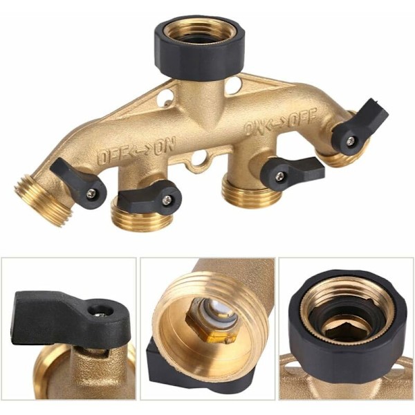 Solid Messing 4-veis Slangedeler med Avstengningsventiler, Kran og 3/4\" Uttak, Kan Bruke Opptil 4 Slanger Samtidig.
