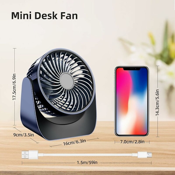 USB-tuuletin, Pieni tuuletin, 360° Kierto Kannettava Mini Hiljainen USB-tuuletin, 3 Nopeutta Työpöytätuuletin 1,5M USB-kaapelilla Toimistoon/Autoon/Matkalle/Leirintäalueelle (Tummansininen)