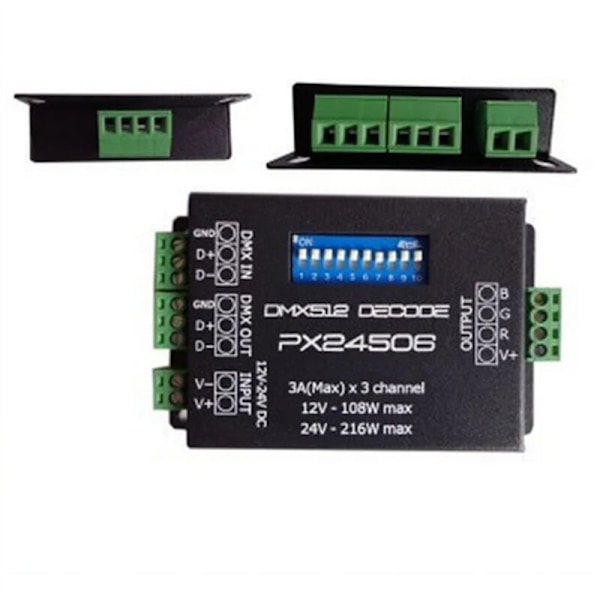 PX24506 LED-kontroller DMX 512 Dekoder Driver 9A Forsterker 12V 24 RGB Strip Lights