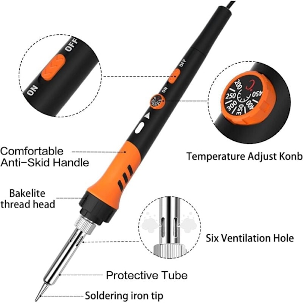 Juottopuikkosetti, 60W Juottopistooli, 9 in 1 Juottopuikkosettityökalu, Säädettävä lämpötila 200-450℃, 5 Juottopuikon kärkeä, Juottopuikko H