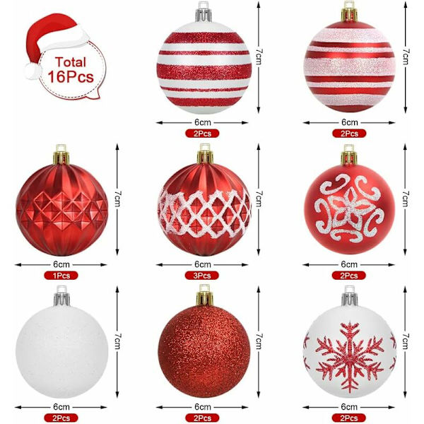Röda och vita julgranskulor, 16 st julgranskulor 6 cm, julgransprydnad, målade plastjulgranskulor med snöre för inomhusbruk