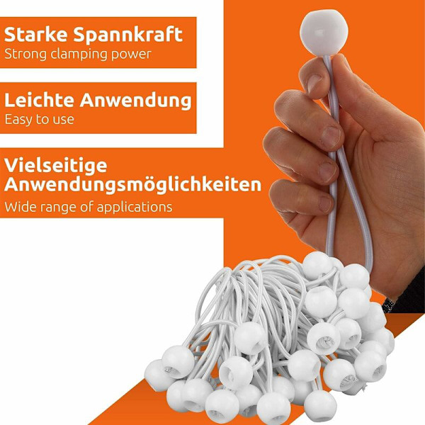 50x bungee-snören, elastiskt set, elastiska krokar med plastkula, tältgummi för presenningar, paviljonger, tält, hög spänning vit
