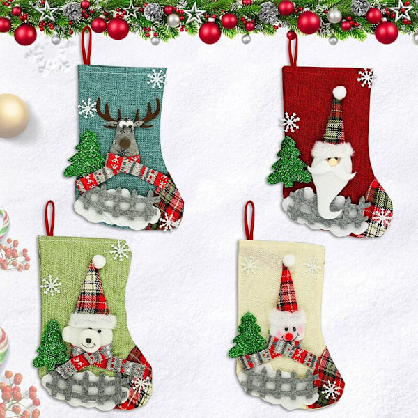 Julstrumpa, Hängande Julstrumpor, Juldekorationer, Julstrumpa Hängande 4st Julgåväska med Snögubbe Tomte Rådjur Björnunge