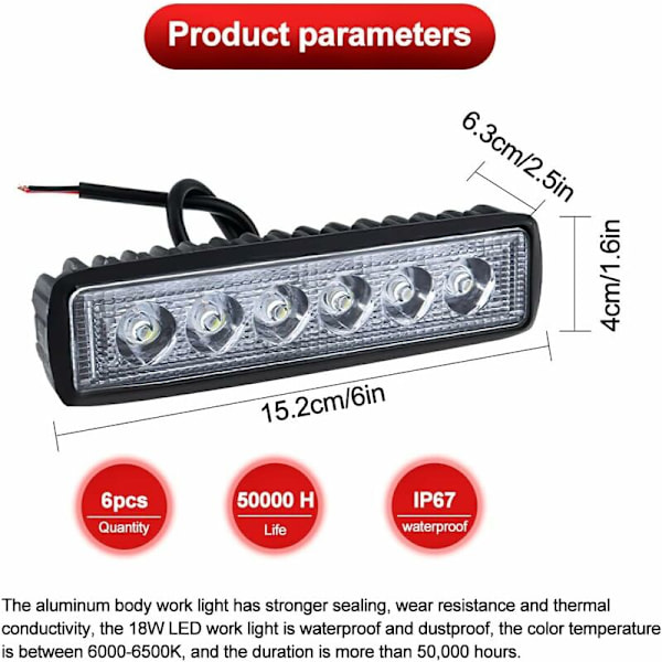 2 stk LED arbeidslys, 12V flomlys spotlight lang rekkevidde LED arbeidslys for motorsykkel bil lastebil traktor SUV båt (18W)