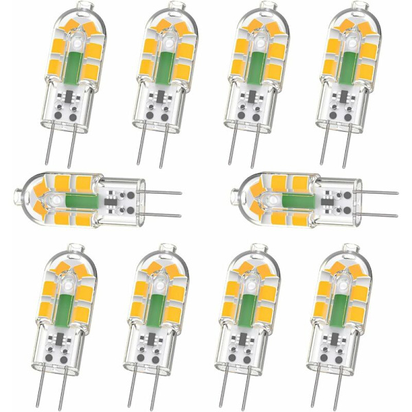 G4 LED-pære, 2W 200LM, tilsvarende 20W G4 halogenpære, varm hvit 3000K, AC/DC 12V, flimmerfri, ikke-dimbar, 10-pakning