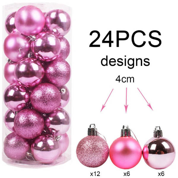 Julekulepynt, 24 Pakke Uknuselige Dekorative Pynt til Juletreet 3 cm/4 cm/6 cm/8 cm, Julehengende Kuler, Pynt, Rosa