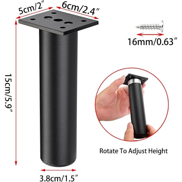 4 stk Justerbare Møbelben Sengeben Højere Møbler Aluminium Legering Fod til Boxmadras, Garderobe, Bord (Sort, Højde 150mm)