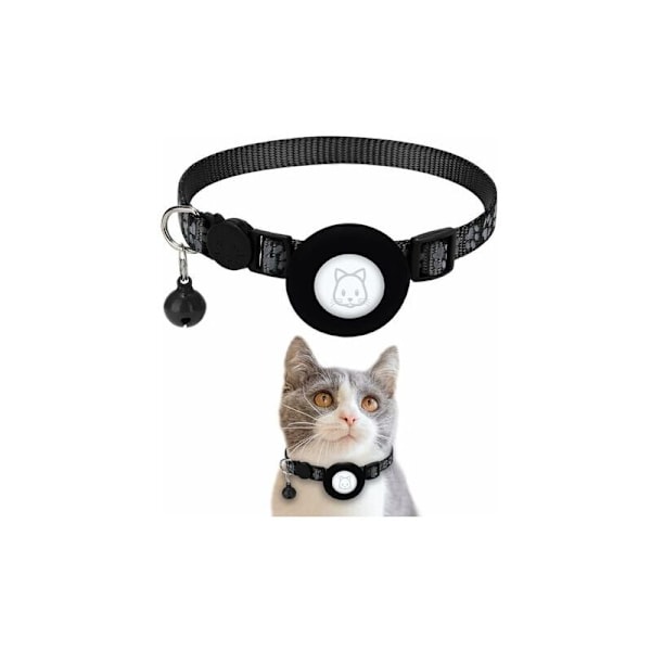 Airtag Apple Air Tag Kattehalsbånd med Sikkerhedsspænde og Klokke, 1 cm Bred Reflekterende Kattehalsbånd med Airtag Holder til Katte, Hvalpe, Killinger (Sort)