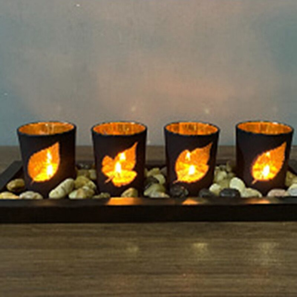 Trä Svart Blad Ihålig Ljusstake Kreativ Set Glas Ljus Bord Hantverk Dekorativa Prydnader Heminredning
