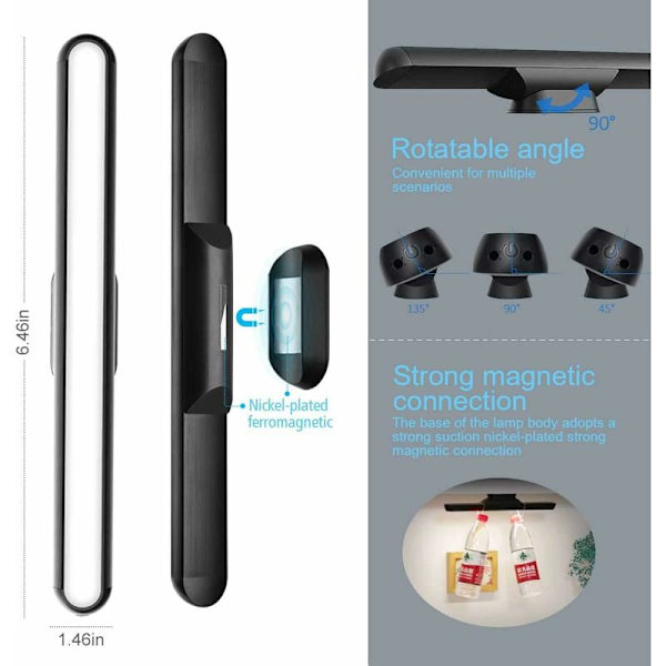 Dæmpbar Berøringsstyret Natlys Skab, 3W Magnetisk Spejllys Stick-on Overalt, USB Genopladelig Læselampe, Kosmetisk Spejllys til Værelse