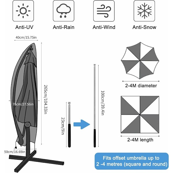 Offset Parasol Cover, Oxfordstof Parasol Cover, Anti-UV, Vandtæt, Vindtæt Parasol Cover - 265 x 40/70/50cm