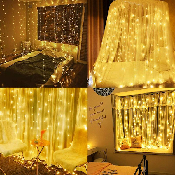 Gardinslys 300 LED Gardinslys 3Mx3M 8 Lystilstande Vandafvisende IP44 Udendørs og Indendørs, Dekoration til Jul, Bryllup, Fødselsdag, Vindue