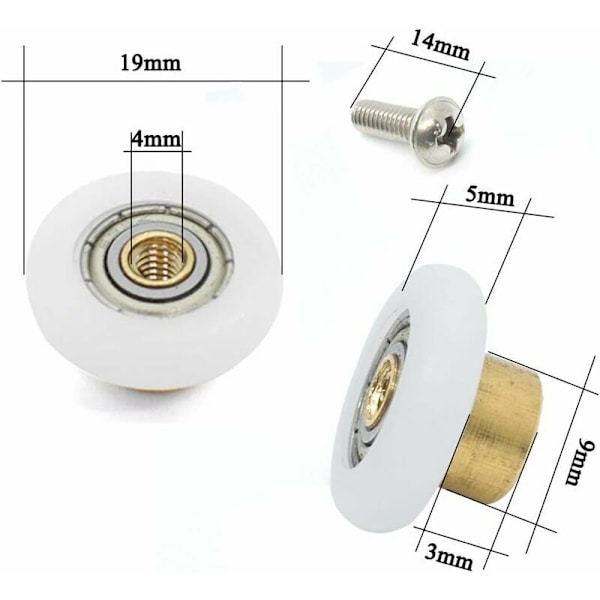 4-pack ersättningsrullar för duschdörrar, 19 mm, med M4-skruvar, diameter: 19 mm