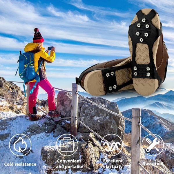 Stegjärn för skor och stövlar, dragklämma is- och snögrepp med 10 spikar i rostfritt stål, lämplig för promenader, fiske L