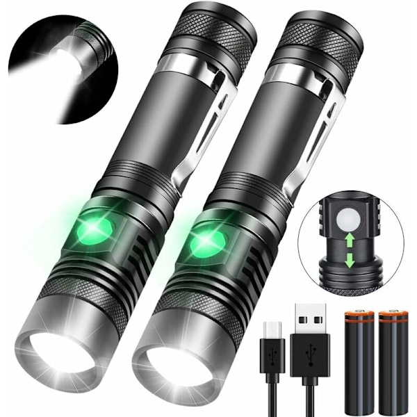 Laddningsbar Taktisk Ficklampa, Hög Lumen LED-ficklampor (18650 Batteri Ingår), Ficklampa med Klämma, Vattentät (2-pack)