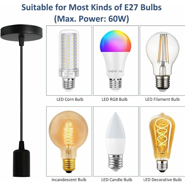 Sett med 2 metallhengelamper, justerbar kabel 100cm, E27 pendelbase, E27 pendeltilbehør, egnet for stue, soverom, kjøkkentak